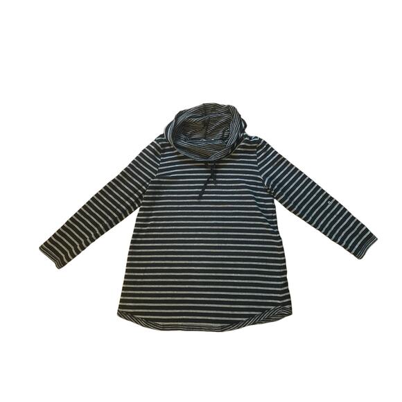 Women L Soft Surroundings 2AW15 Black Gray Stripe Cowl Neck Drawstring Tunic Top - Picture 1 of 5